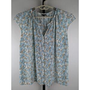 Talbots 100% Silk Short Sleeve Hidden Button Short Sleeve Blouse Blue Beige